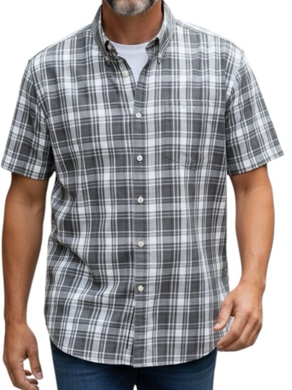 SMITH Gray and White Plaid Short-Sleeve Button-Down Shirt